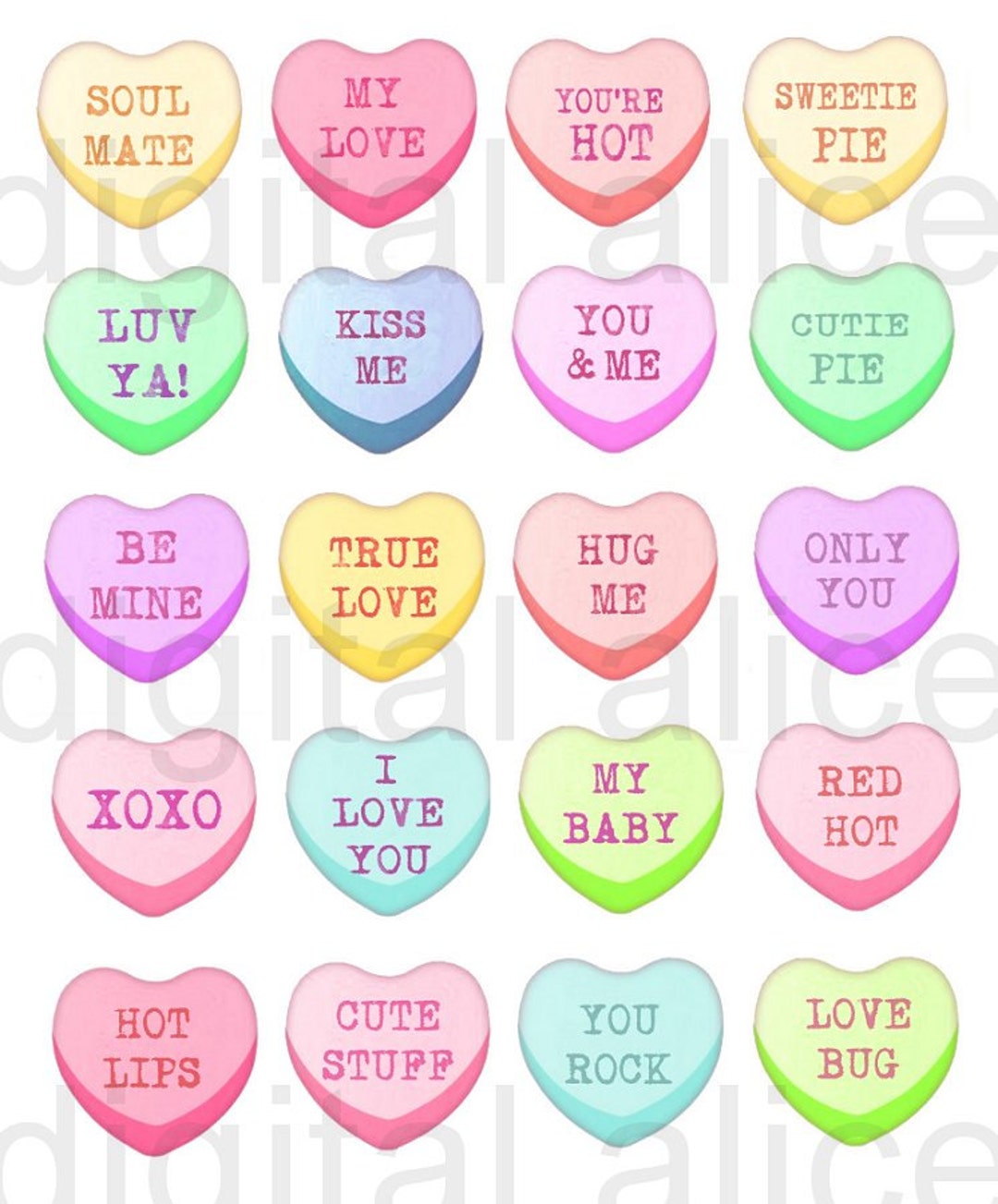 CANDY CONVERSATION HEARTS Digital Download Fun Printable Candy Valentine  Hearts, Valentines Day Cards Tags Stickers More 