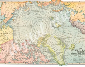 VINTAGE UTSKRIVBAR KARTA - Nordpolen Direktnedladdning Digital Utskrivbar Karta - Nordpolen Karta - 3 storlekar - Gör-det-själv Skriv ut så många du vill
