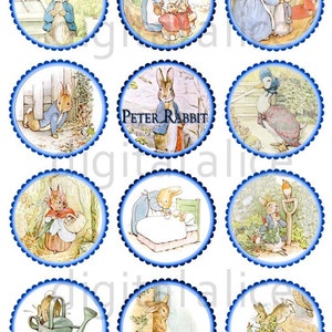 Puede incluir: Doce toppers redondos para cupcakes con un borde festoneado azul y blanco, que ilustran escenas del libro infantil Peter Rabbit. Las ilustraciones representan a Peter Rabbit en diferentes escenas del libro, como Peter Rabbit en el jardín, Peter Rabbit en el jardín del granjero, Peter Rabbit en el bosque, Peter Rabbit en la casa y Peter Rabbit con su familia.