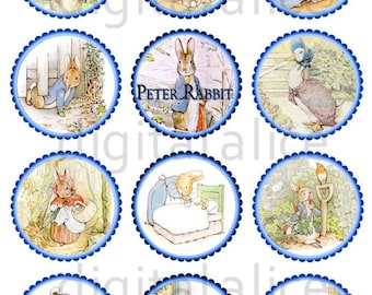 Lindo PETER RABBIT Craft Circles - Vintage Beatrix Potter- Descarga instantánea Digital Printable Bottlecaps Cupcakes Collage Sheet
