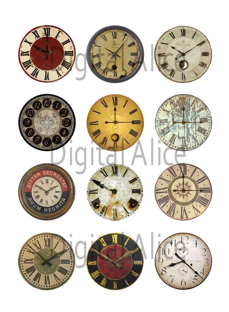 VINTAGE CLOCK FACES 12 pouces Craft Circles Huit instantanés téléchargement numérique imprimable Horloge Montre Cadrans Steampunk Industrial Antique Clocks image 3