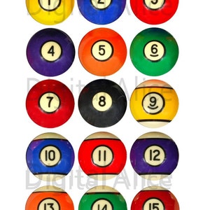 Colorful VINTAGE BILLIARD BALLS Craft Circles - Pool,Billiards,Pub, Stickers Bottlecaps More - DiY Instant Download