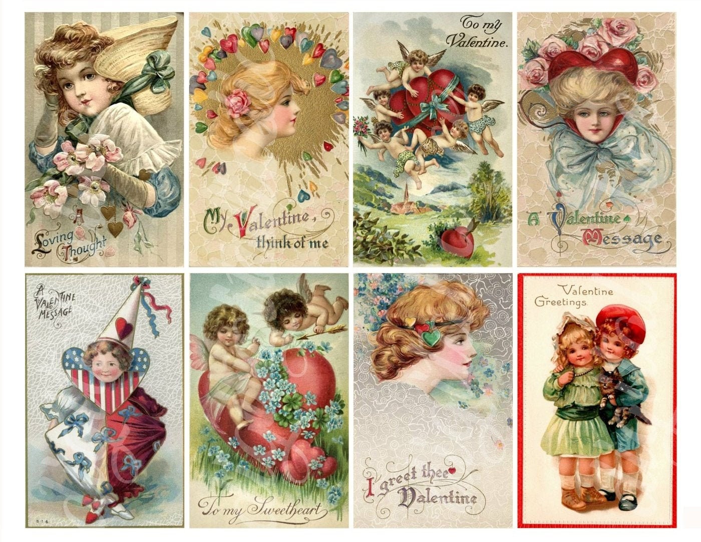 BIGLIETTI DI SAN VALENTINO vintage n. 1 - Cartoline vittoriane -Download digitale istantaneo - Antico foglio collage di San Valentino stampabile - Cuori d'amore - Italia