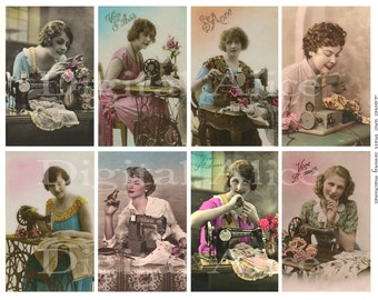 VINTAGE SEWING POSTCARDS  -Instant Download Digital Printable-  eight 2.5 x 4 inch - DiY Tags,cards and more