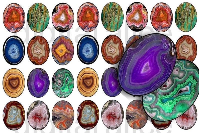 May include: A collection of 25 round agate slices with various colors and patterns, including purple, green, brown, and orange. The agate slices are arranged in a grid pattern on a white background.