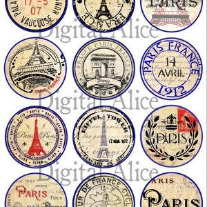 May include: Ten vintage-style round paper stickers with blue borders and a Parisian theme. Each sticker features a different design, including the Eiffel Tower, the Arc de Triomphe, and various text and graphics. The stickers are printed on a cream-colored background with black and red accents.