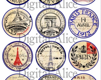 ANTIQUE PARIS POSTMARK Craft Circles - French Letters Instant Download Digital Printable-  -Bottlecaps Collage Sheet -  DiY Print