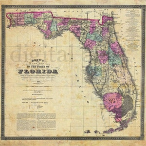 VINTAGE FLORIDA MAP 1884 -Instant Download Digitale Printable- helder en grunge- DiY Print zoveel als je wilt