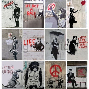 May include: A collage of nine different street art pieces by Banksy. The art pieces feature various themes, including social commentary, peace, and rebellion. The art is painted in red and black on a white background.
