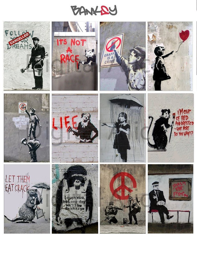 May include: A collage of nine different street art pieces by Banksy. The art pieces feature various themes, including social commentary, peace, and rebellion. The art is painted in red and black on a white background.