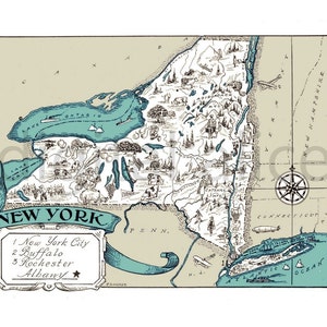 Vintage 1930 NEW YORK MAP- New York State Colorful Pictorial Instant Download Digital Printable-
