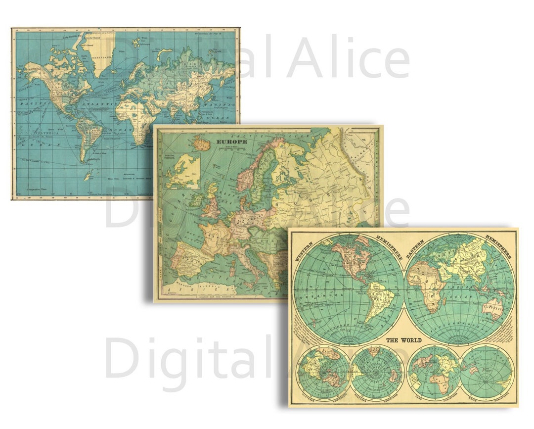 ANTIQUE WORLD MAPS - 3 Maps - Instant Digital Download - 8.5 X 11 in ...
