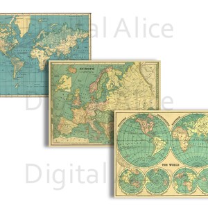 May include: Three antique world maps in shades of blue, green, and beige. One map shows the world, another focuses on Europe, and the third presents a globe view with the text "THE WORLD". The maps have a classic, aged aesthetic.