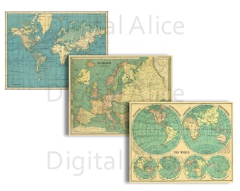 ANTIQUE WORLD MAPS - 3 Maps - Instant Digital Download  - 8.5 x 11 in - DiY Trade and Commerce - Interesting