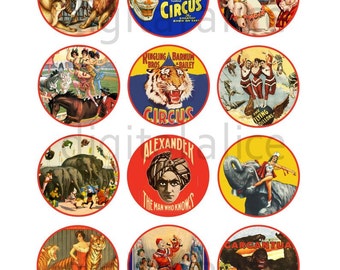 Custom VINTAGE CIRCUS POSTERS Craft Circles - Houdini, FOrtune Teller, Bottlecaps stickers, Party DiY