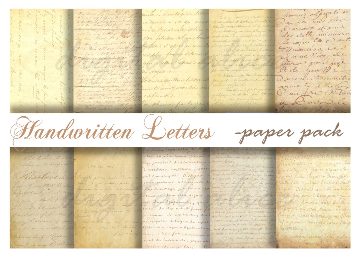 アンティークな手書きのフランス語の手紙 - デジタル ペーパー パック
