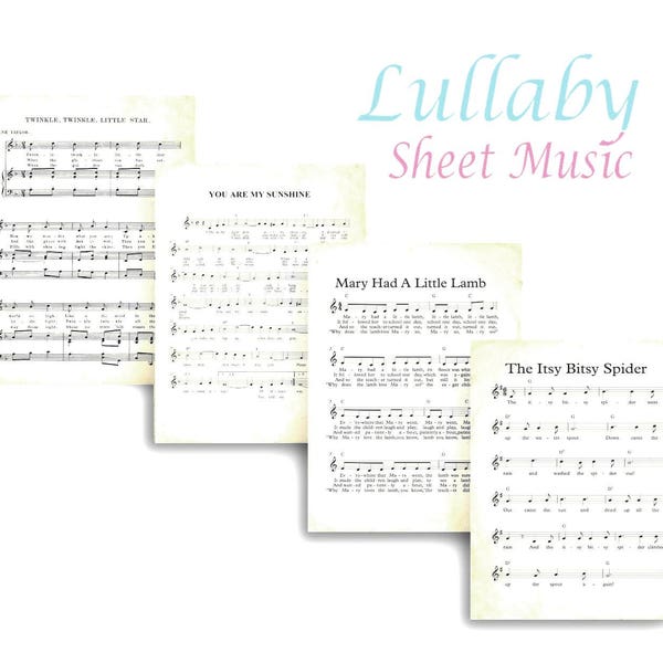 LULLABY SHEET MUSIC plain- Digital Paper Pack - 4 different Lullabies -Instant Download Digital Printable Papers  - DiY