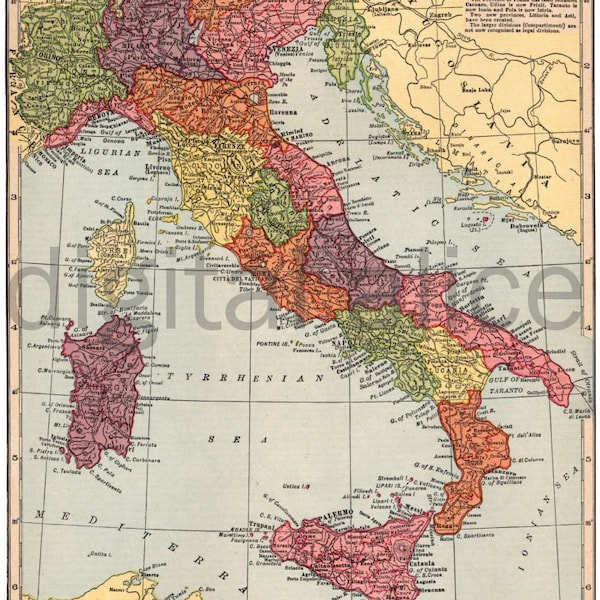 Vintage MAP of ITALY -  Instant Download Digital Printable- Old Italian Map 8.5 x 11 , 12 x 16 -