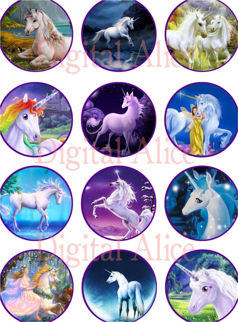 May include: Twelve round stickers featuring colorful illustrations of unicorns in various poses and settings. The stickers have a purple border and are perfect for adding a magical touch to any project.