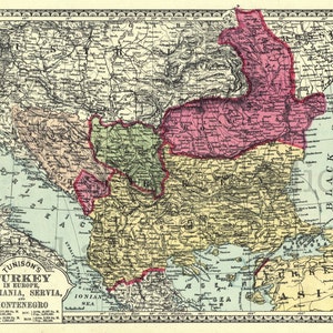 Tacchino variopinto dell&#39;annata Mappa - Download immediato digitale stampabile-Romania Serbia Montenegro-8x14 x 10,11 - stampa fai da te