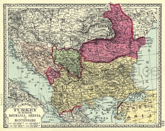 Colorful VINTAGE TURKEY MAP -Instant Download Digital Printable-Roumania Servia Montenegro- 8 x 10,11 x 14 - DiY Print