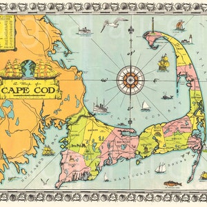Alte CAPE COD KARTE download - Bunte 1939 Cape Cod Masse Bild Sofort Download Digital Printable - 2 Größen