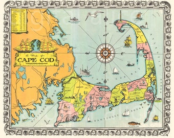 Old CAPE COD MAP download- Colorful 1939 Cape Cod Mass Pictorial Instant Download Digital Printable-  - 2 sizes