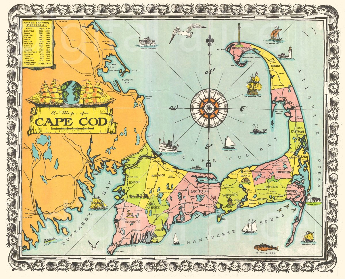 Old CAPE COD MAP download Colorful 1939 Cape Cod Mass Etsy