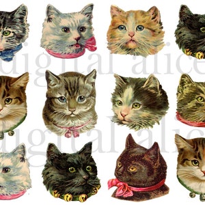 GATOS VICTORIANOS VINTAGE - Cabezas de gatitos tiernos y esponjosos Descarga instantánea Imprimible digital - Hoja de collage - Impresión DIY - png y jpg