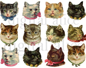 Vintage VICTORIAN CATS - Fluffy Cute Kitty Cat Heads Instant Download Digital Printable-  Scrap - Collage Sheet - DiY Print- png and jpg