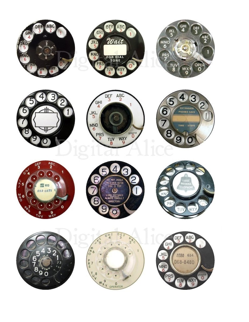 May include: Ten vintage rotary phone dials with black, white, and red backgrounds. The dials have numbers 1-9 and 0, letters, and some have additional text like "Wait for dial tone" and "Long distance always consult directory".