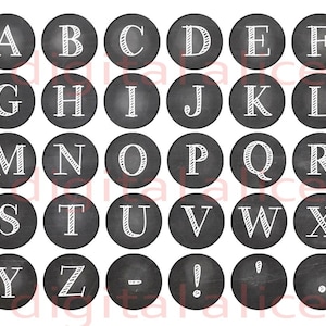 May include: A collection of 28 chalkboard-style round designs, each featuring a different letter of the alphabet in white, handwritten-style font. Includes punctuation marks. The background is a dark gray, reminiscent of a chalkboard.