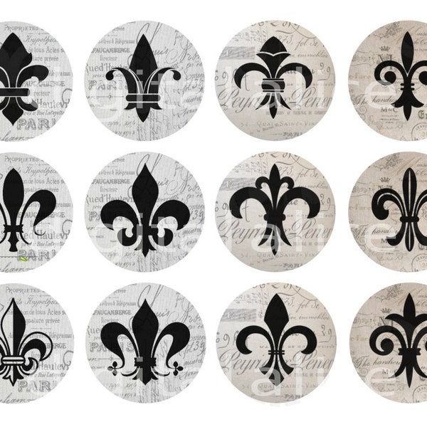 French FLEUR de LIS Craft Circles - Fleur De Lis -Instant Download Digital Printable-  -Shower, Stickers, Bottlecaps 30,16,12mm