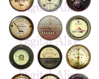 STEAMPUNK METERS  Craft Circles - Industrial Meters and Dials - Instant Download Digital Printable  -Bottlecaps Collage Sheet -  DiY