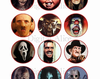SCARIEST PEOPLE in the MOVIES Craft Circles -Creepy Instant Download Printable - Horror Film Stars Printable Bottlecaps ,stickers,  DiY