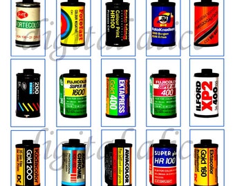 FILM CANS CANISTER Digital Download 1 x 2 inch Rectangles, Slides- Printable Collage Sheet - Kodak, Fuji,IIlford,Agfa-pendants cards more