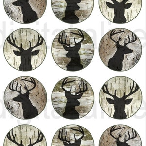 STAG DEER HEAD Craft Circles -Deer, Buck with Antlers on Birch Bark -Instant Download Digital Printable Bottlecaps - 1 in,12,16,30mm
