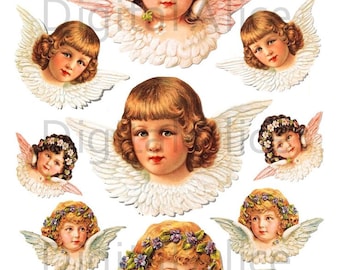 Imágenes prediseñadas de ángeles victorianos vintage: hoja de collage digital imprimible de descarga instantánea, manualidades, Navidad, bricolaje