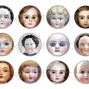May include: Twelve antique porcelain doll faces with blue eyes and painted features. The dolls have different hairstyles and are arranged in a grid pattern.