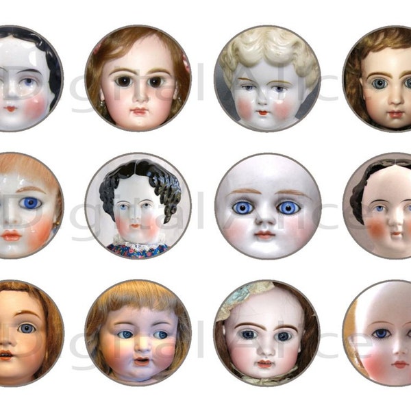ANTIQUE DOLL Craft Circles - Anciennes têtes de poupée de Chine - Téléchargement instantané De bouchons de bouteille imprimables numériques Cupcakes Collage Sheet