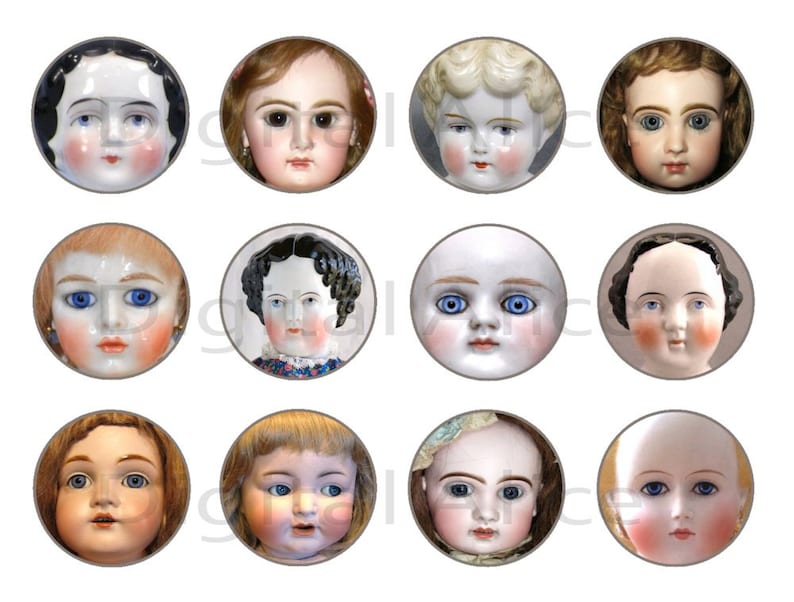 May include: Twelve antique porcelain doll faces with blue eyes and painted features. The dolls have different hairstyles and are arranged in a grid pattern.