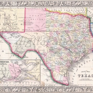 VINTAGE TEXAS MAP 1866 -Instant Download Digital Printable- Texaanse Westkust Kaart - 8 x 10,11 x 14 - DiY Print zoveel als je wilt