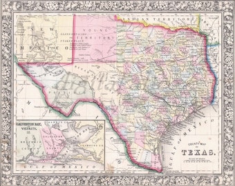 VINTAGE TEXAS  MAP 1866 -Instant Download Digital Printable- Texan West Coast Map - 8 x 10,11 x 14 - DiY Print as many as you like