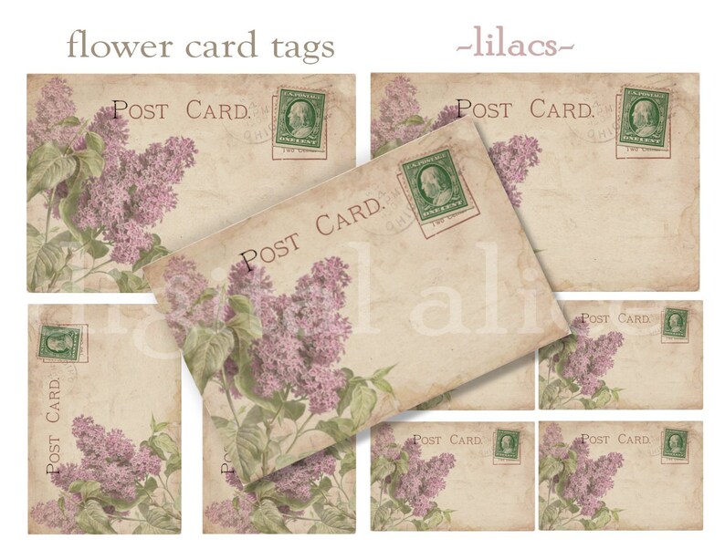 scrapbooking price tags stamped Antique Botanical Postcards- 3 sizes labels VINTAGE LILAC POSTCARDS gift tags cards Digital Download