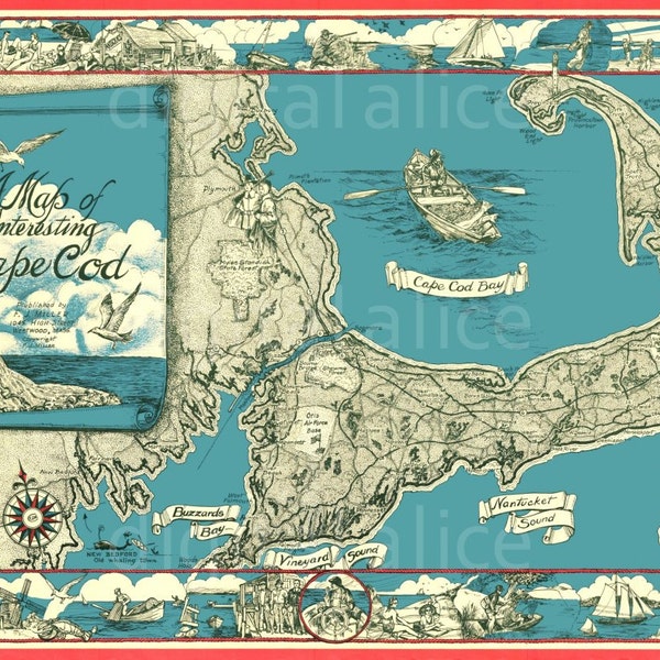 Vintage CAPE COD MAP - Cape COd Mass Pictorial Instant Download Digital Printable-  - 2 sizes