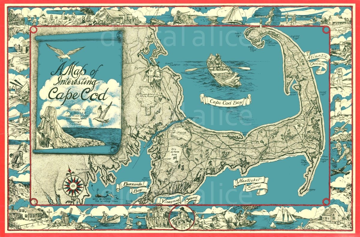 Vintage CAPE COD MAP - Cape Cod Mass Pictorial Instant Download Digital Printable- - 2 Sizes - Etsy vintage-cape-cod-map-cape-cod-mass-pictorial-instant-download-digital-printable-2-sizes-etsy
