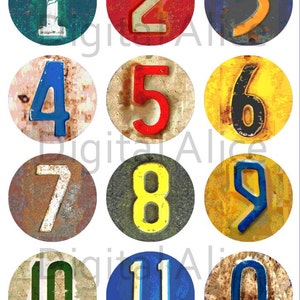 Old RUSTY NUMBER Craft Circles - Vintage Licence Plate Numbers -Instant Download Digital Printable- Bottle Caps, more - 3 sizes