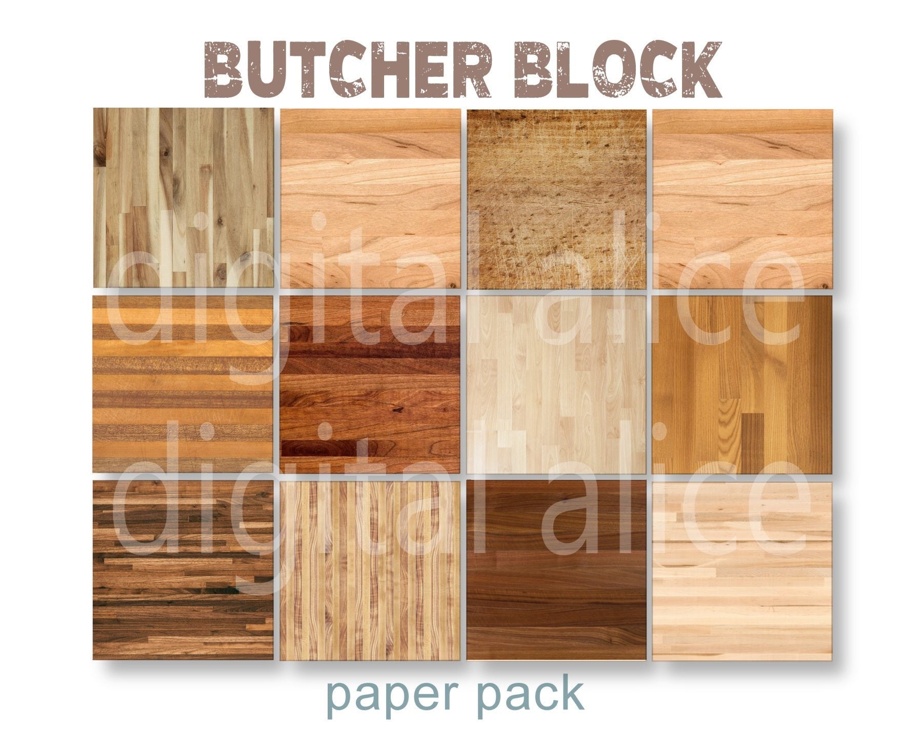 Wood BUTCHER BLOCK TEXTURES Paper Pack- Digital Papers - 12 Butcherblock Countertop Wood Finishes, Instant Printable Download -paper crafts
