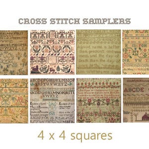 ANTIQUE SAMPLERS - Printable 4 x 4 squares -8 Vintage AbC Cross Stitch Sampler Printable Papers,Instant Download Digital- Paper crafts