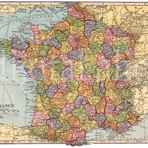 Vintage KAART van FRANKRIJK - Instant Download Digitaal Afdrukbaar- Oude FRANSE Kaart 8.5 x 11 , 11 x 16 -